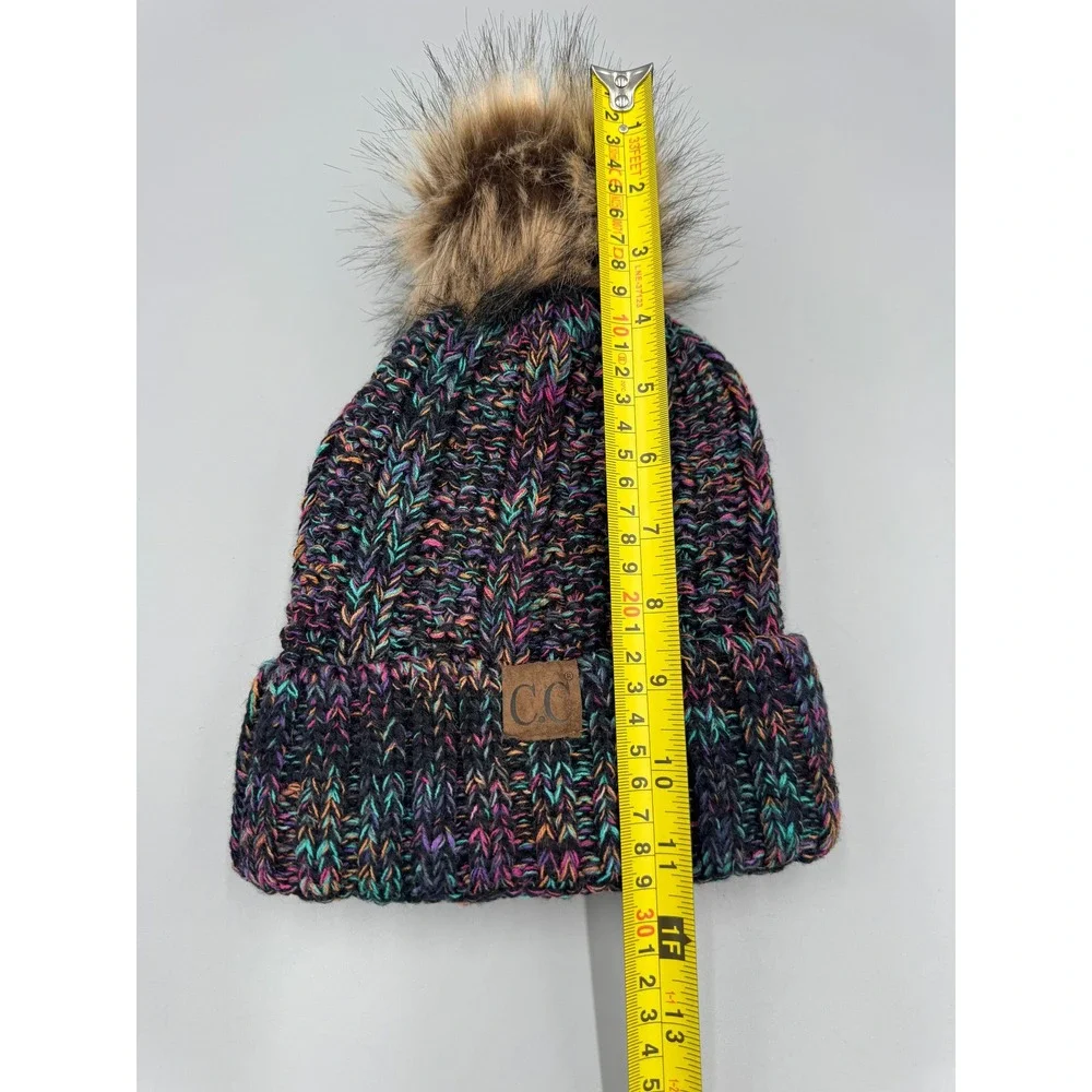 C.C Exclusives Multi-Color Confetti Cable Knit Beanie Faux Fur Pom Hat Cap